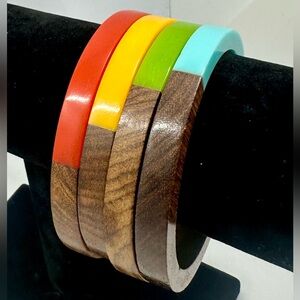 Artisan Wood & Resin Bangle 4 Bracelets; MCM Retro Bold Red Green Yellow Blue